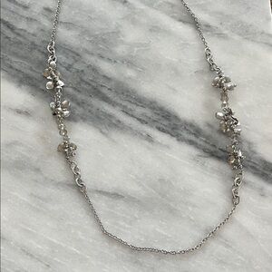 Silver Tone Chain Necklace Bead & Flower Opera Length